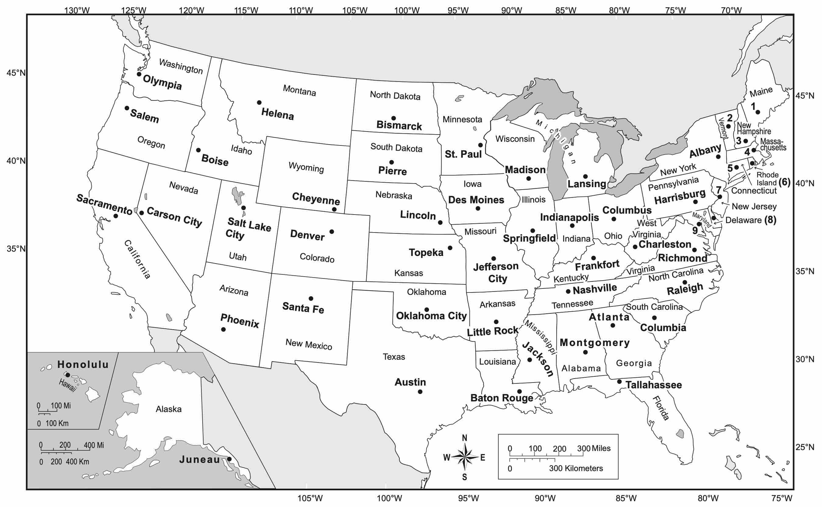 USA map with states and capitals - printable version